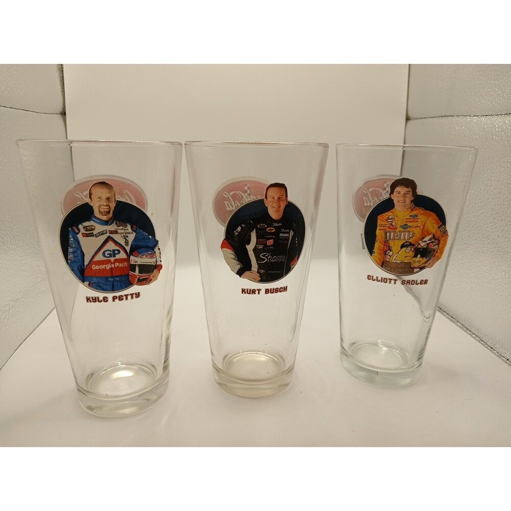 NASCAR Coca Cola Racing Glasses Set Of 3 Kyle Petty Kurt Busch Elliott Sadler